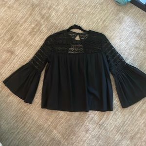 Black stretch cotton gathered top with see through crotchet black top portion